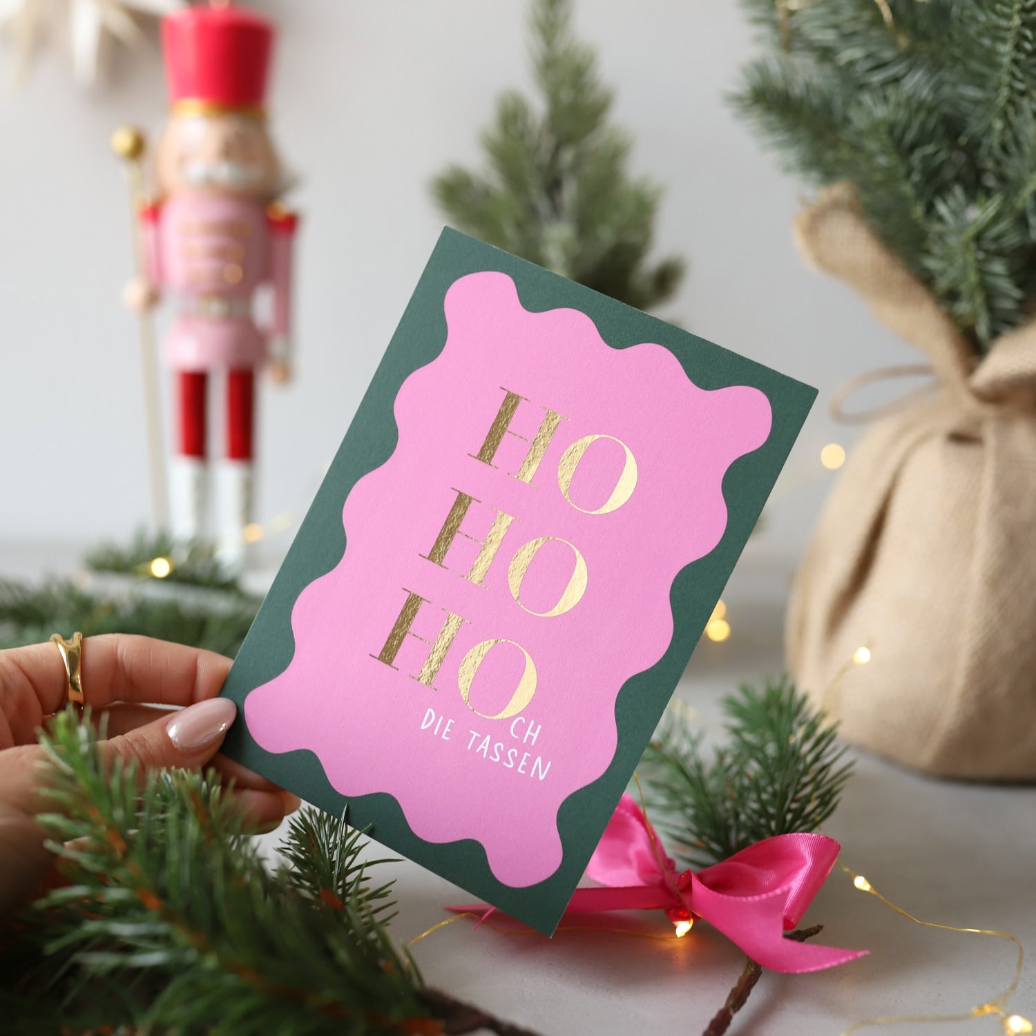 Postkarte „Ho Ho Hoch die Tassen“ mit Gold